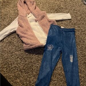 Kids! Pink Fuzzy Vest with White Sweater and Blue Jeggings Set